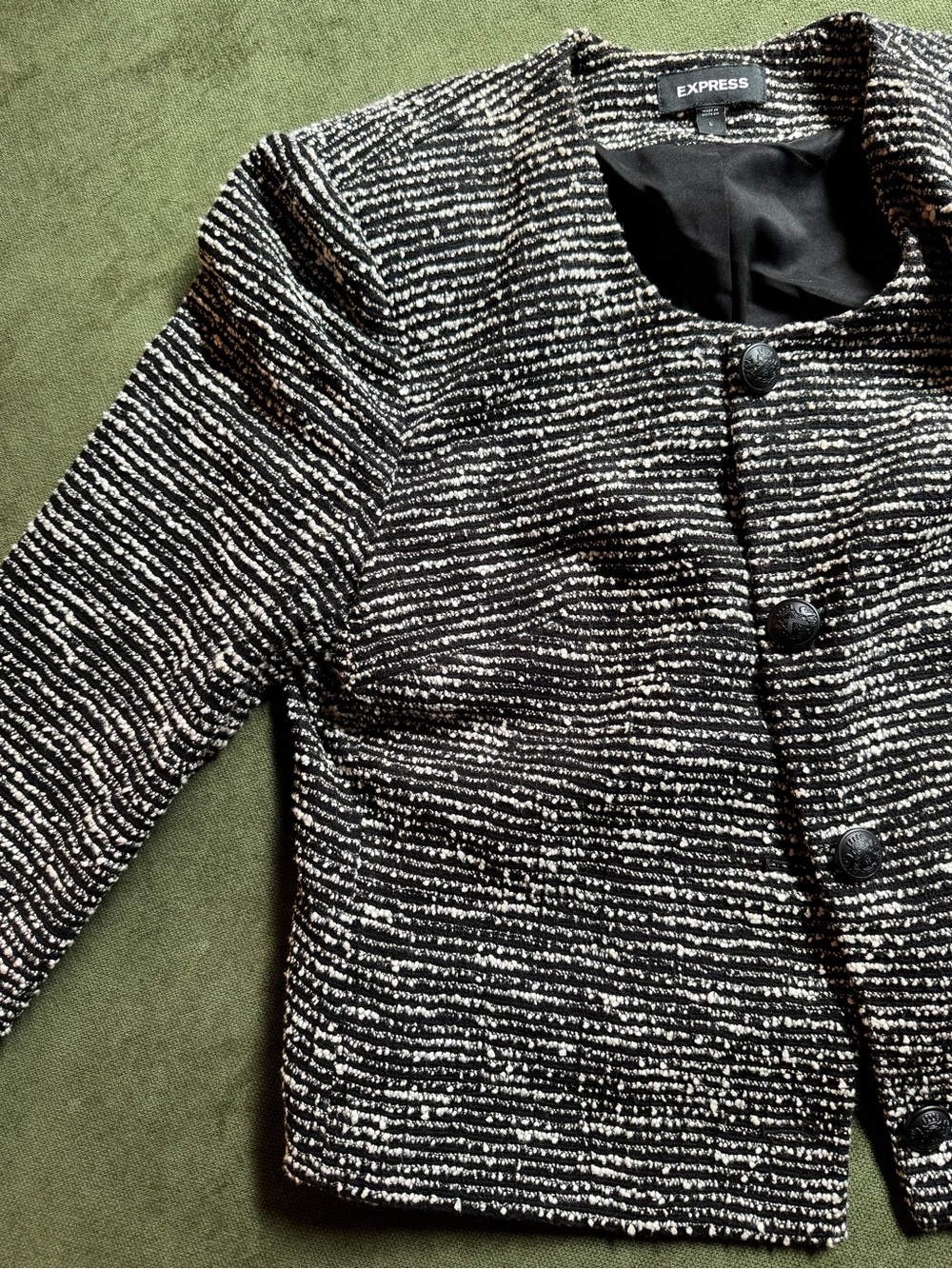 Express Black & White Textured Collarless Tweed Jacket